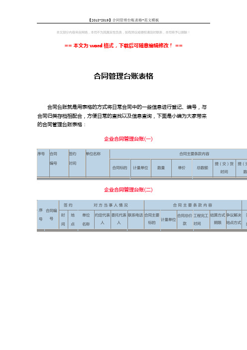 【2018-2019】合同管理台账表格-范文模板 (1页)