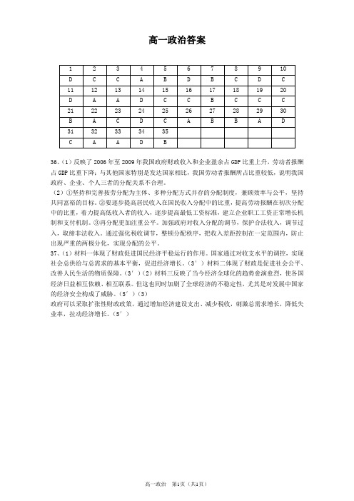 兰炼一中2012-2013学年第一学期期末试题《高一政治》(答案)