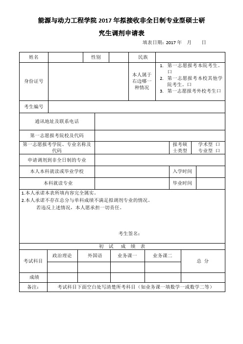 能源与动力工程学院2017年拟接收非全日制专业型硕士研究生