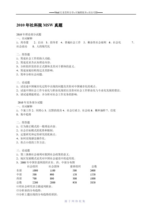 社科院社会工作考研历年真题-绝对重要!!精心整理