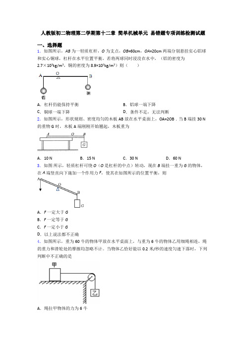 人教版初二物理第二学期第十二章 简单机械单元 易错题专项训练检测试题