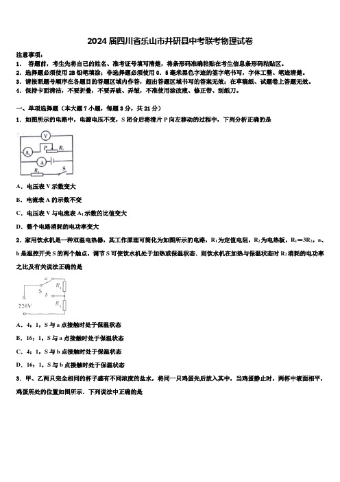 2024届四川省乐山市井研县中考联考物理试卷含解析