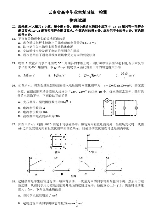 云南省高中毕业生第一次复习统一检测 物理试题