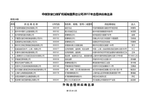 中煤张家口煤矿机械有限责任公司2017年合格供应商名录