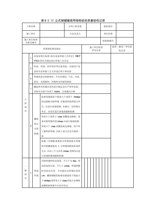 表B.0.13 立式储罐罐底焊接检验批质量验收记录