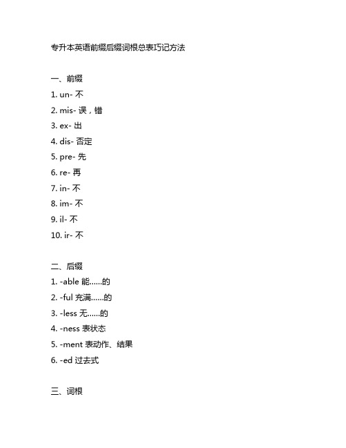 专升本英语前缀后缀词根总表巧记方法