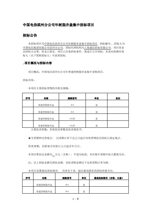 中国电信滨州分公司20182019年树脂井盖集中招标项目