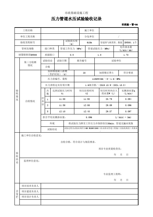 1、压力管道水压试验验收记录