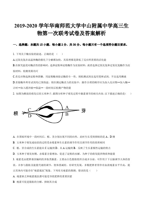 2019-2020学年华南师范大学中山附属中学高三生物第一次联考试卷及答案解析