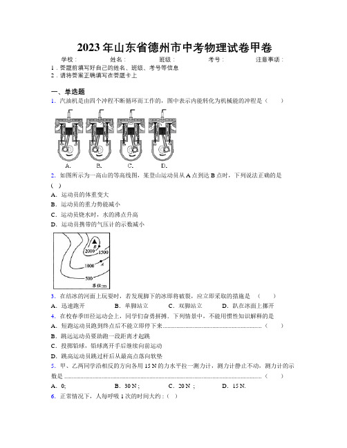 2023年山东省德州市中考物理试卷甲卷及解析