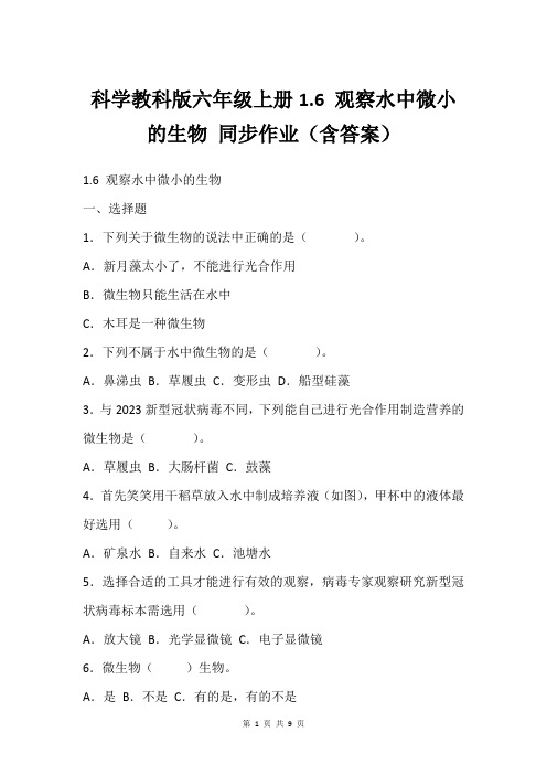 科学教科版六年级上册1.6 观察水中微小的生物 同步作业(含答案)