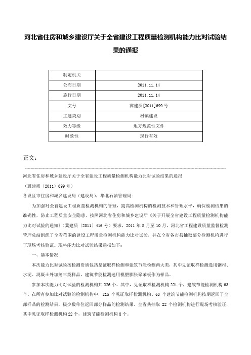 河北省住房和城乡建设厅关于全省建设工程质量检测机构能力比对试验结果的通报-冀建质[2011]699号