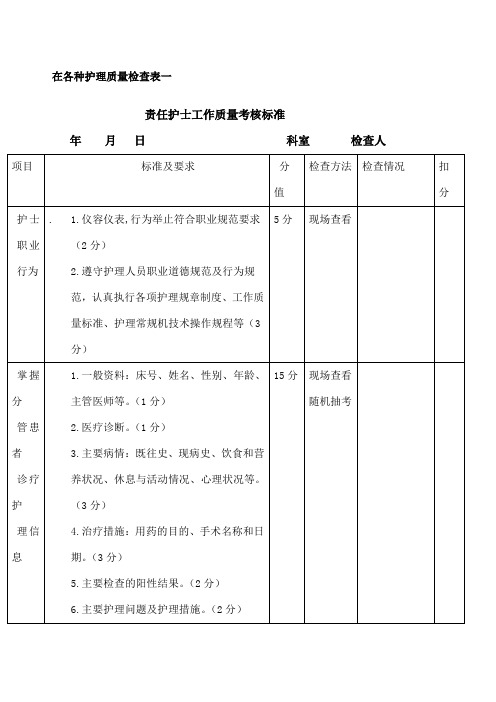 各种护理质量检查表一