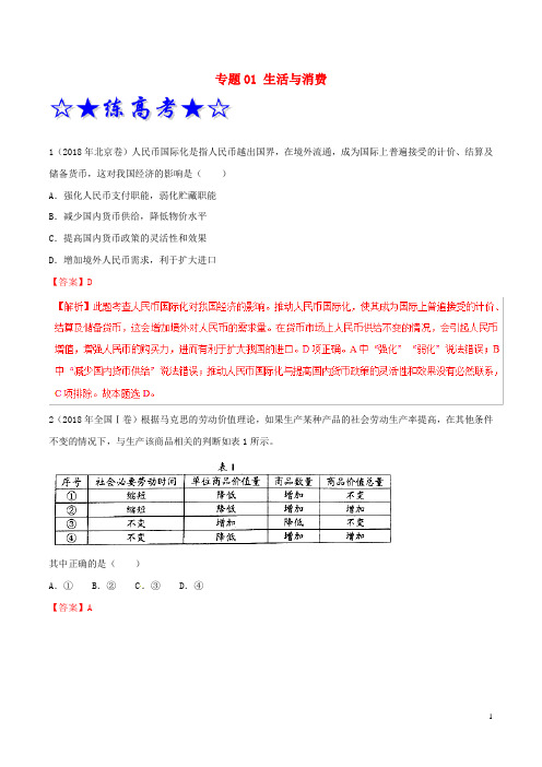 2019年高考政治二轮复习专题01生活与消费(练)(含解析)