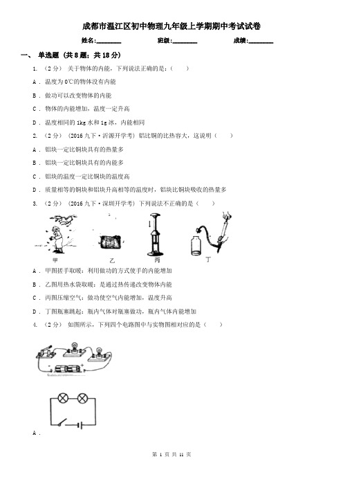 成都市温江区初中物理九年级上学期期中考试试卷