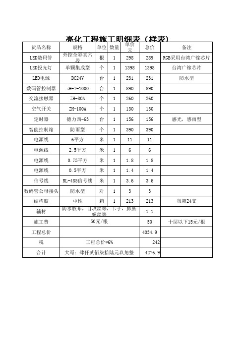 亮化工程施工明细表