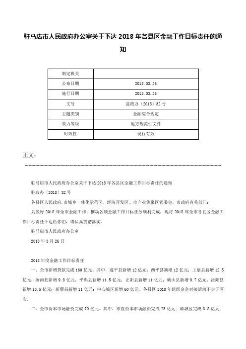 驻马店市人民政府办公室关于下达2018年各县区金融工作目标责任的通知-驻政办〔2018〕32号