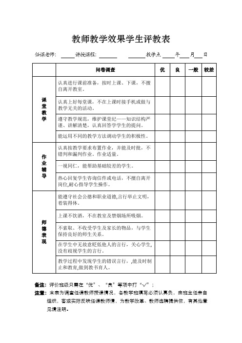 教师教学效果学生评教样表