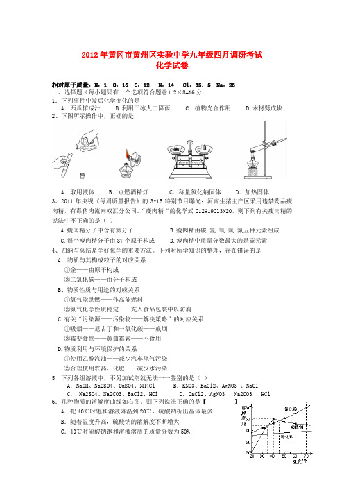 湖北省黄冈市黄州区实验中学九年级下学期四月调研考试试卷 人教新课标版