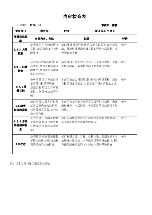 商务部内审现场检查表