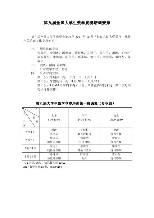 第九届全国大学生数学竞赛培训安排