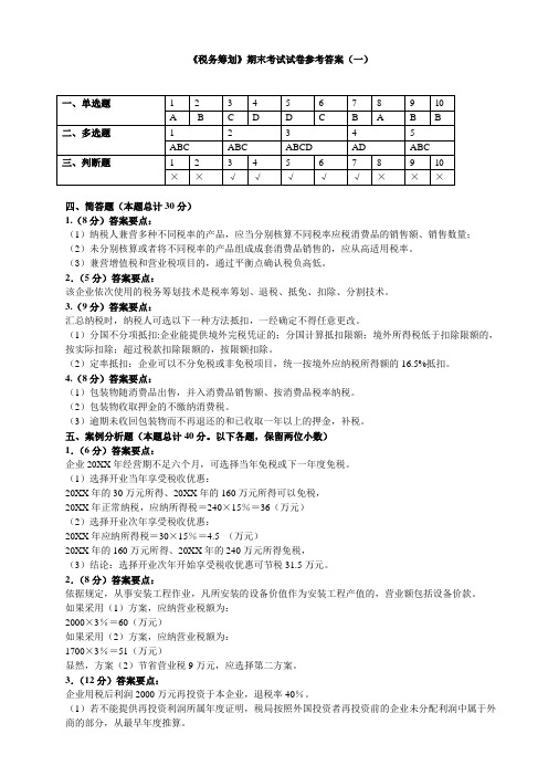 税务筹划(第二版)-《税务筹划》期末考试试卷参考答案(汇总)