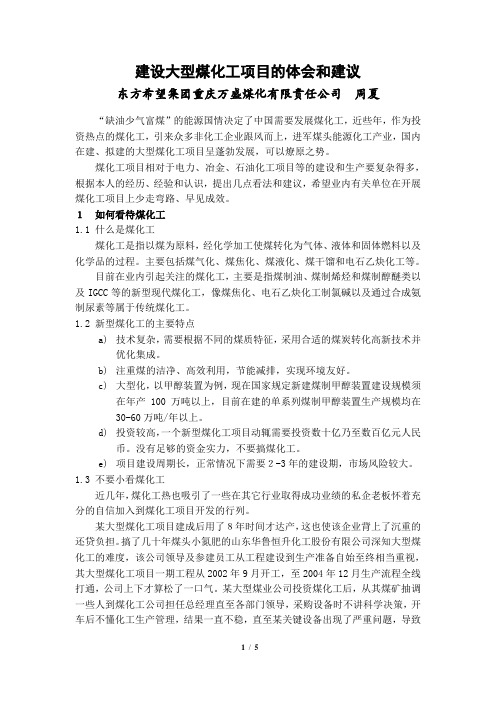 建设大型煤化工项目的体会和建议