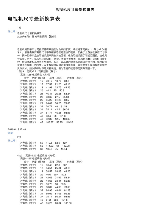 电视机尺寸最新换算表