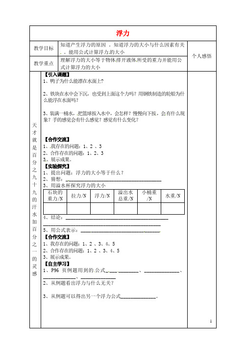 河北省赞皇县第二中学九年级物理全册 第14章 第5节 浮力教学案(无答案) 新人教版