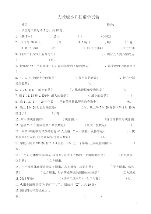 2018人教版小升初数学试卷及答案