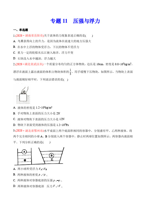 专题11  压强与浮力-2020年中考物理真题分类训练(第03期)(学生版)