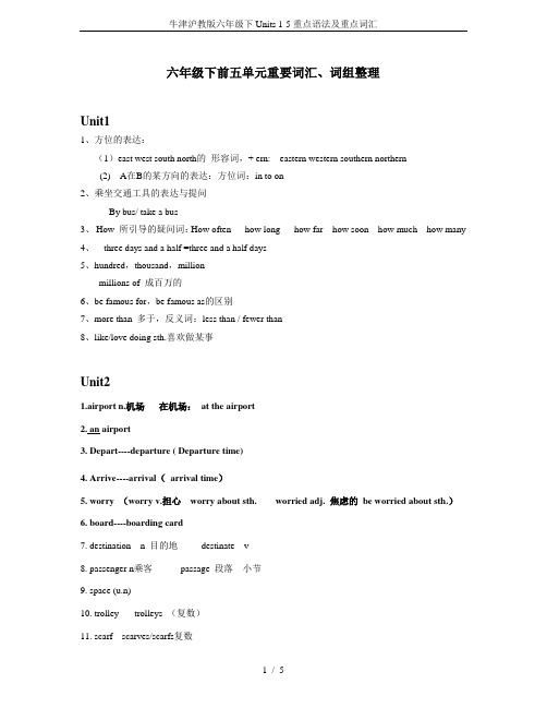 牛津沪教版六年级下Units 1-5重点语法及重点词汇