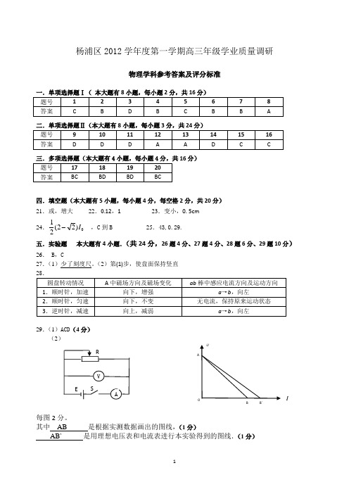杨浦区2012学年度第一学期高三年级学业质量调研物理试卷答案ok