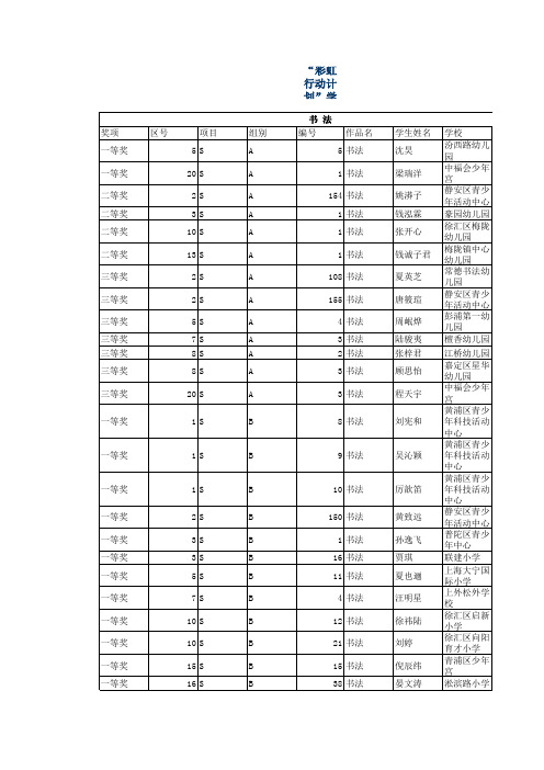 2012年上海市“彩虹行动计划”学生艺术作品展获奖名单