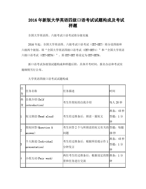 2016年新版大学英语四级口语考试试题构成及考试样题