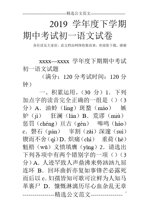 2019学年度下学期期中考试初一语文试卷