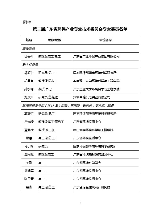 第三届广东省环保产业专家技术委员会专家委员名单