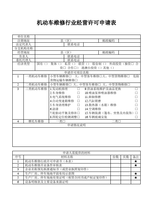 机动车维修行业经营许可申请表