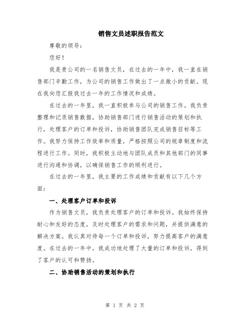 销售文员述职报告范文