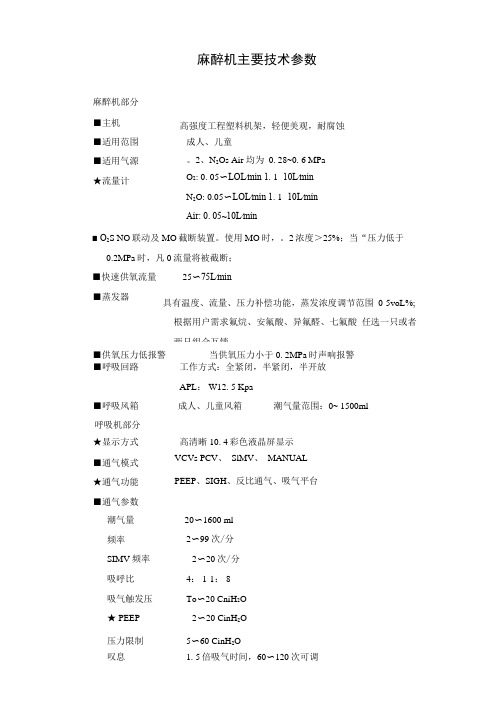 麻醉机主要技术参数