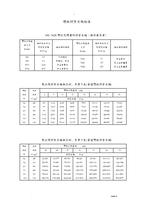 螺栓拧紧力矩及标准