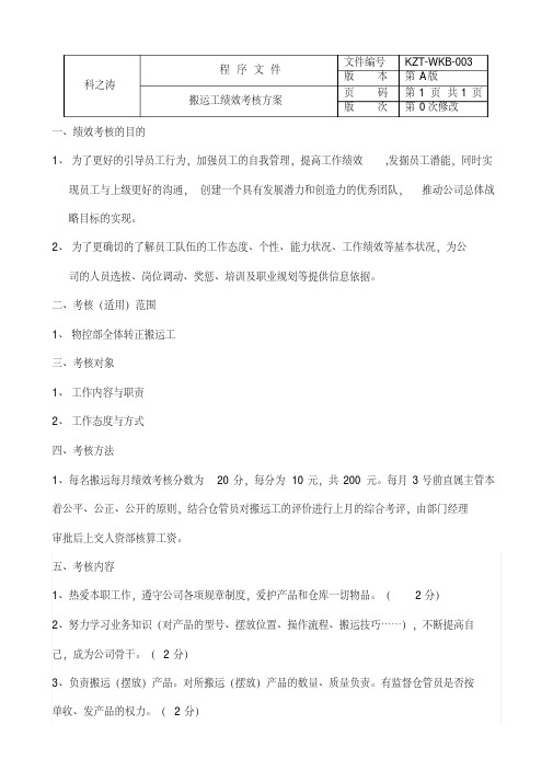 搬运工绩效考核方案和考评表