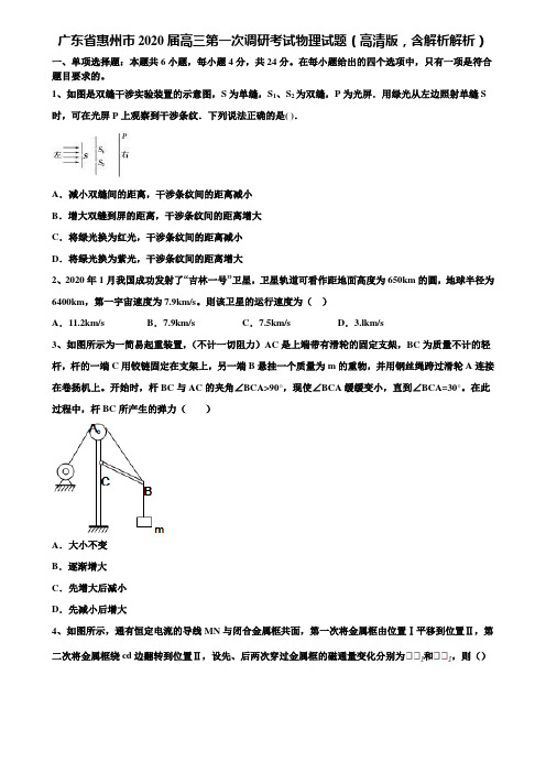 广东省惠州市2020届高三第一次调研考试物理试题(高清版,含解析解析)含解析《加15套高考模拟卷》