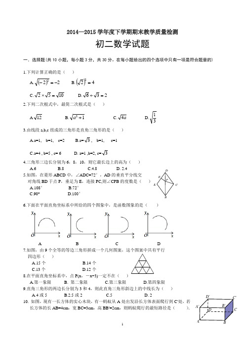 黑龙江省安达市2014-2105学年八年级下学期期末教学质量检测数学试题及答案