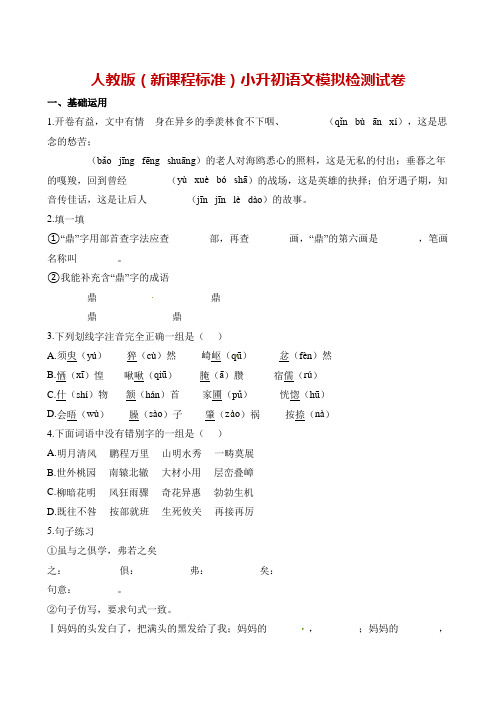 人教新课标六年级下册语文试题-小升初语文模拟检测试卷∣(含解析)