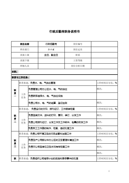 银行办公室行政后勤岗职务职责说明书