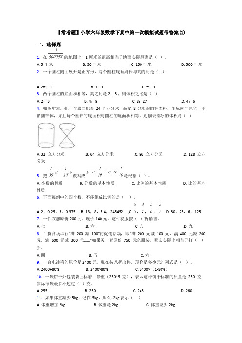 【常考题】小学六年级数学下期中第一次模拟试题带答案(1)