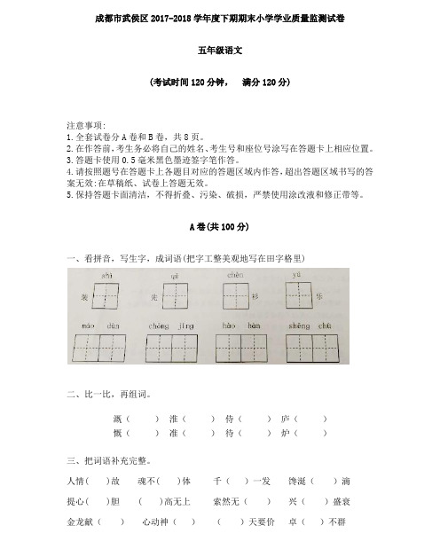 四川成都市武侯区五年级下语文调考试卷