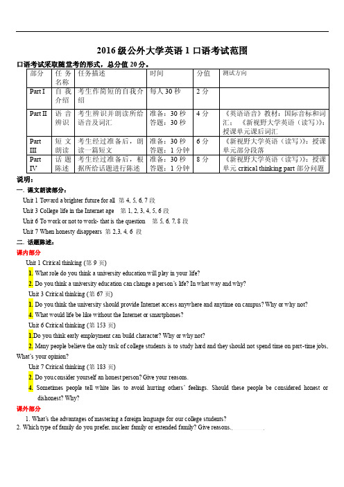 2016级大学英语1期末口试题型