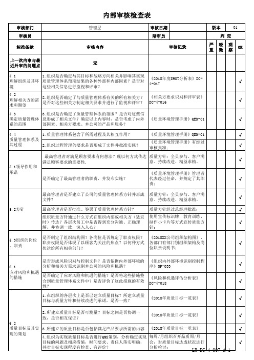 ISO9001-2015管理层内审检查表范例